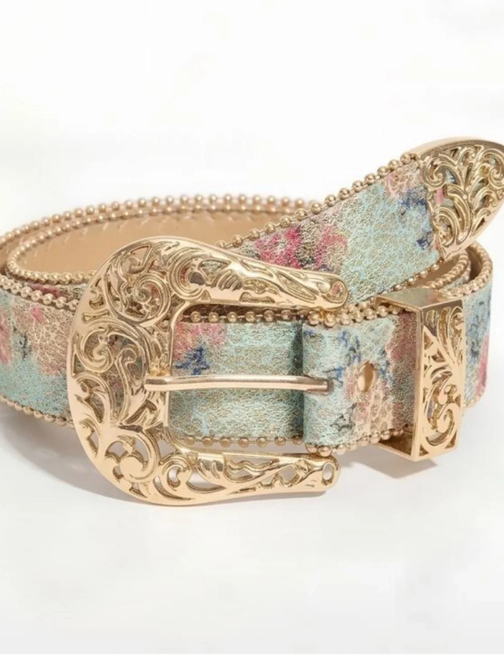 Gold-Tone Floral Embroidered Western Belt - Blue Multi
